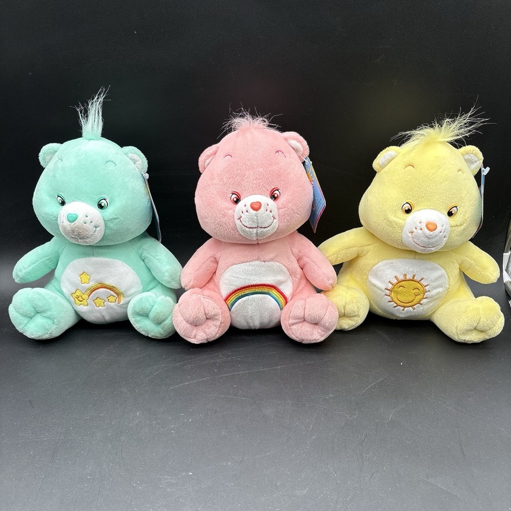 Lot of 3 Vintage 2003 Care Bears Plush 10" Mint Green Pink Yellow Nanco